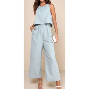 NWT Lulus Medium Breezy Sophistication Sage Green Textured Wide-Leg‎ Jumpsuit